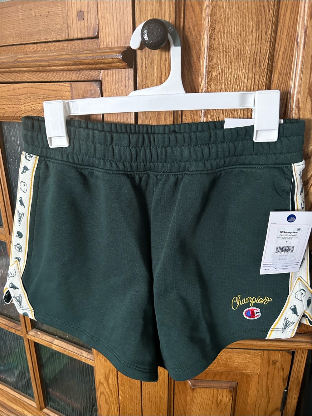 Champion Women's Dark Green Athletic Shorts with Cream Side Trim